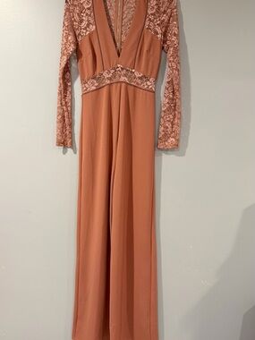Fashion Nova Long Sleeve Lace V-Neck Jumpsuit in Dusty Rose